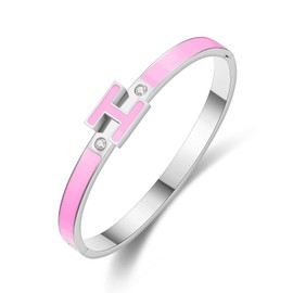 Hothink Gold Bracelets for Women,H Bracelet,Bangle Bracelets for Women,Dainty Bracelet Jewelry Easter Christmas Mothers Day Gifts for Women (Silver-Pink)