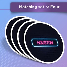 Vinyl Round Stickers (Set of 4) 10cm - Neon Sign Design Houston City Texas United States for Laptops, Tablets, Luggage, Scrap Booking, Fridges #350330
