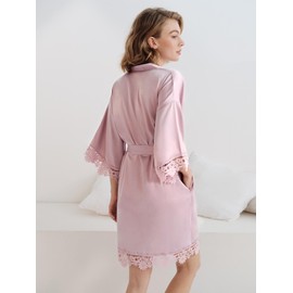 SIORO Women's Satin Lace Robe, Short Kimono Bathrobe, V-Neck Sleepwaer with Pockets, 3/4 Sleeve Silk Nightgown for Wedding Party, Bride & Bridesmaids