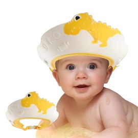 Baby Shower Cap Shield, Shower Cap for Kids, Visor Hat for Eye and Ear Protection for 0-9 Years Old Children, Cute Dinosaur Shape Makes the Baby Bath More Fun (Yellow)