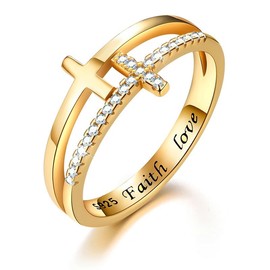 BETTYLAI 18K Gold-Plated Sterling Silver Statement Rings, Double Row Cross Rings with Cubic Zirconia, Embrace Faith and Glamour for Women (Yellow Gold Plated, 8.5)