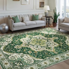 Area Rugs 5x7 - Machine Washable Vintage Oriental Soft Rug, Low Pile Thin Floor Carpet with Non Slip Backing for Living Room, Bedroom,Dorm, Kitchen, Indoor House, Office Rolling Chair
