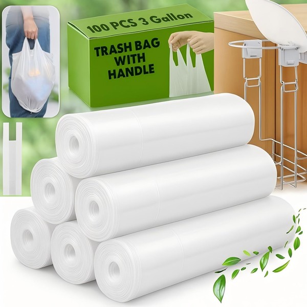 Nuogo 100 Pcs 3 Gallon Trash Bag with Handle Small