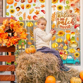 Whaline 9 Sheet Fall Window Clings Watercolor Pumpkins Patch Scarecrow Truck Window Decals Double-Sided Window Stickers for Autumn Thanksgiving Harvest Home School Office Accessories Party Supplies