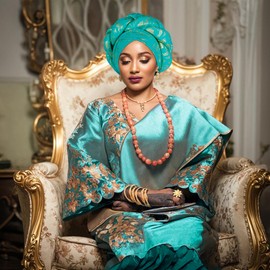 Nigerian headwear for Women African headscar,Auto Gele headband,hand wrap beaded - made for weddings parties events (Green, One size)