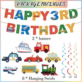Car 3rd Birthday Decorations Boys - 10 Pcs Transportation Themed Decor Including Happy 3rd Birthday Banner Train Plane Fire Truck Hanging Swirls for 3 Year Old Boys Party Supplies