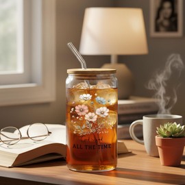 IWXYI Floral Christian Glass Cup with Lids and Straws 14oz, Christian Gifts for Women, God Is Good All the Time Bible Verse Religious Iced Coffee Tea Drinking Glasses with Cleaning Brush