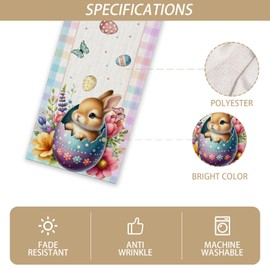 Linen Happy Easter Table Runner Bunny Rabbit Watercolor Easter Eggs Flower Tablecloth Easter Spring Summer Party Decorations and Supplies for Home Kitchen Table-13×72''