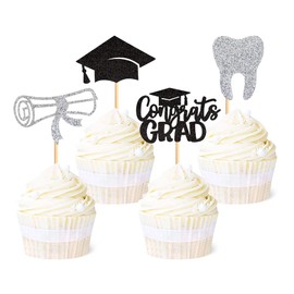 Ercadio Paquete de 24 adornos para cupcakes de graduación de dentista, color negro y plateado, con purpurina, felicitaciones, dientes de graduación, 2023, para decoración de pasteles de fiesta temática de graduación 2023