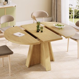 iPormis 43.3in-59in Extendable Round Dining Table for 4-6, Modern Wooden Kitchen Table for Dining Room, Adjustable Size Oval Circle Dinner Tables Furniture for Kitchen Living Room, Natural
