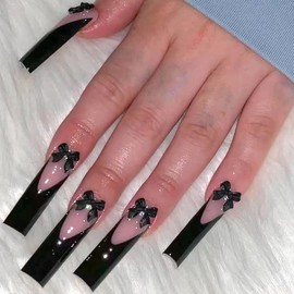 MERVF Square Press on Nails Extra Long Black French Tip Fake Nails 3D Bow Design Glue ons Squoval Acrylic Nail Supplies Art DIY Manicure Glossy 24pcs
