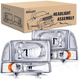 Nilight 1999 2000 2001 2002 2003 2004 F250 F350 F450 F550 Super Duty Headlight Assembly,Chrome Housing Amber Corner Clear Lens,Headlights Replacement,Driver and Passenger Side