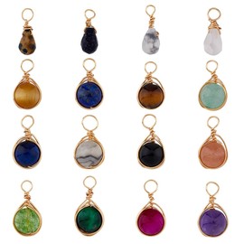 SUPERFINDINGS 16Pcs 16 Styles Mixed Gemstone Teardrop Pendants 18K Gold Plated Copper Wire Wrapped Round Pendants Quartz Crystal Stone Charms, Hole: 2mm