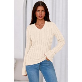 PRETTYGARDEN V Neck Cable Knit Sweaters for Women 2025 Long Sleeve Ribbed Fitted Pullover Tops Business Casual Fall Outfits(Beige,Large)