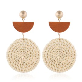 Bohemian Handmade Lightweight Rattan Earrings Geometric Wooden Woven Hollow Braid Hoop Drop Dangle Earrings For Women (Brown semi-circle White Round Rattan Earrings)