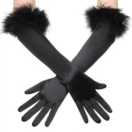 Long Opera Gloves 1920s Bridal Fancy Dress Gloves Ladies Elegant Evening Gloves Stretch Satin Classic Black Elbow Length Gloves with Feather Cuff Wedding Prom Party Pageant Dance Gloves for Women