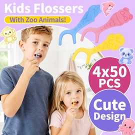 200 Count Dental Floss Picks for Kids - Easy-to-Use Fun Animal-Shape Toddler Flossers Designed for Little Hands - Soft Grip Tooth Floss Sticks - Fluoride Free & Shred Resistan & Unflavored