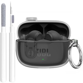 Compatible with JBL Vibe 200TWS/JBL Vibe Beam /Beam 2 Case Cover Clear Lock Clip with Cleaner Kit, Transparent TPU Protective Cover Men Women with Carabiner for JBL Vibe Beam 2 Charging Case - Black