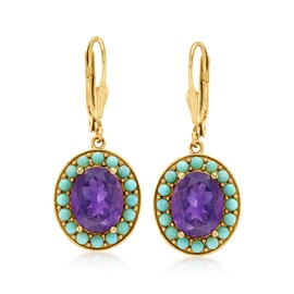 Ross-Simons Turquoise and 5.00 ct. t.w. Amethyst Drop Earrings in 18kt Gold Over Sterling