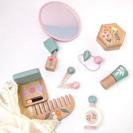Wooden Makeup Toy Set for Girls – 11 PCS Pretend Play Makeup Kit for Kids with Mirror, Lipstick, Eyeshadow, Nail Polish, Perfume, Comb, Hair Clip & Storage Bag – Birthday Gifts for 3 4 5 6 Girls