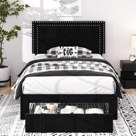 VECELO Twin Size Bed Frame with Storage Drawer, Adjustable Velvet Rivet Decor Headboard, Wooden Slats Support Platform, No Box Spring Needed, Easy Assembly