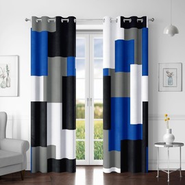 Tyrot Royal Blue 100% Blackout Curtains for Bedroom 84 inch Long 2 Panels Set Modern Abstract Geometric Black Out Curtains Blue Gray Insulated Room Darkening Window Drapes for Living Room, 52Wx84L