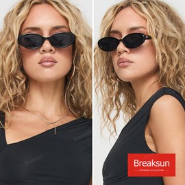 Breaksun Retro Oval Sunglasses for Women Men Fashion Small Oval Sunglasses 90s Vintage Shades (Black/Grey+ G15+ Beige)