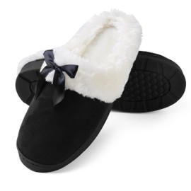 Aerusi Soft Slippers for Women | Luxury Feel with Ribbon Bow Pattern, Fleece Band and Plush Interior, Anti Skid Texture Weatherproof Rubber Sole(Black-7)