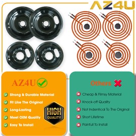 AZ4U MP22YA Range Surface Burner Coil Element & W10290350 W10290353 Porcelain Drip Pans Replaces 2x W10290353 6", 2x W10290350 8", 2x MP15YA 6", 2x MP21YA 8" For Whirlpool, Amana, Maytag Range Cooktop