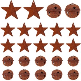 CREATCABIN 20 Pcs Rusty Metal Jingle Bells Vintage Rusty Bells 20 Pcs Rustic Metal Star Retro Tree Supplies Kit Crafts for Christmas Tree Wreath Holiday Home House Room Decoration 1.85x1.85 Inch
