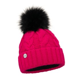 ELIMELI® Winter Hat Women's Hat with Fur Pom Fleece Lining Lined - Warm Women's Bobble Hat Knitted Hat - Winter Hat with Faux Fur Bobble - Slouch Knitted Beanie Made in EU, Red (Amaranth)