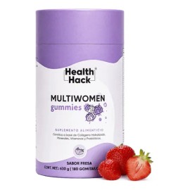 Health Hack Multi Women Gomitas Multivitamínico para Mujer, Sabor Fresa, con 27 Ingredientes, Vitaminas, Minerales, Mio-Inositol, Probióticos, Biotina y Ácido Hialurónico, Sin Azúcar, 180 Gomitas