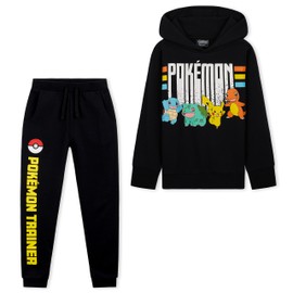 Pokémon Tuta Bambino - Felpa con Cappuccio e Pantaloni Tuta 5-14 Anni - Tute con Felpa Pantaloni Felpati in Cotone (Nero,9-10 anni)