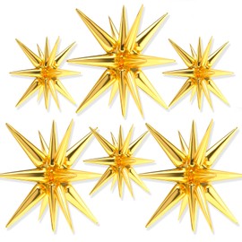 PartyWoo Star Balloons 6 pcs, One-Piece 14-pointed Explosion Star Balloons with Ribbon, Gold Point Star Foil Balloons, Large Mylar Balloons for for Gold Party Decorations, Birthday (27 & 22 inch)
