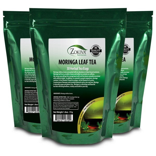 Moringa Tea 3-Pack 90 Organic Tea Bags  Vegan Naturally Caffeine-Free Nutritious