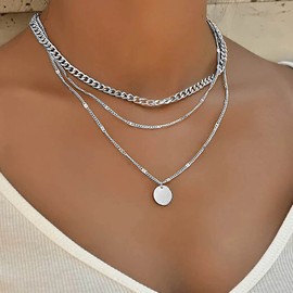 TseenYi Boho Disc Coin Layered Necklace Layered Silver Chain Choker Necklace Disc Pendant Necklace Chain Vintage Coin Necklace Chunky Chain Necklace Jewelry for Women and Girls Gifts