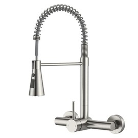 Wall Mount Kitchen Faucet Single Handles, 8 Inch Center Wall Commercial Utility Sink Faucet with Pull Out Sprayer 3 Modes, Stainless Steel, Brushed Nickel
