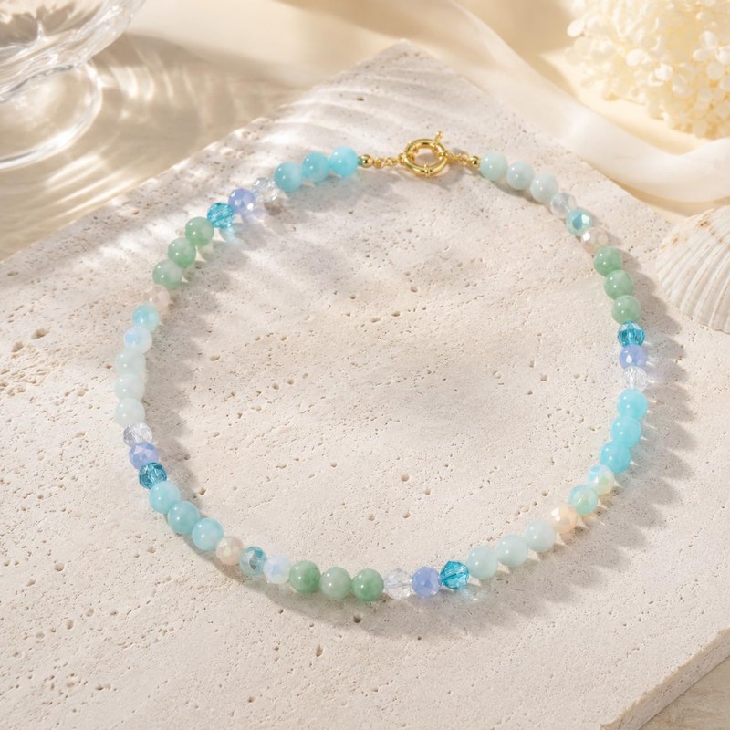 zocare Beaded Gemstone Necklace for Women,Crystal Beads Choker with Spring