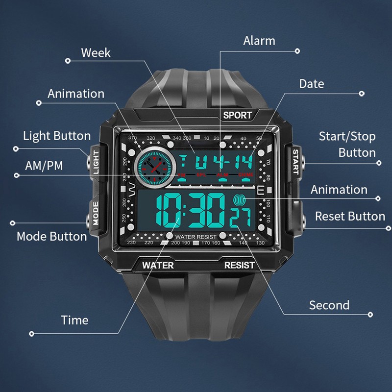 Men Rectangle Digital Sports Watch Night Light Rectangle Display Waterproof
