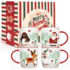 YHRJWN Christmas Mugs Set of 4, Merry Christmas Coffee Mugs, Christmas Coffee Cups with Reindeer Santa Snowman Penguin, Holiday Mugs with Festive Design, Christmas Gifts for Family Friends, 11 Oz