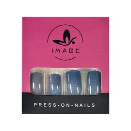 iMABC Press On Nails Short Squoval False Nails Women Girls Gifts Jeans Blue Nail Art Tips with Glitter Salon DIY Gel Manicure Reusable Fake Nails for Daily Office Home