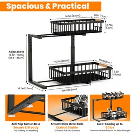 HOMVIA 2-Tier Under Sink Organizer – Slide-Out Reversible Pull-Out Storage Rack for Kitchen, Bathroom, or Pantry Cabinets, Metal Frame, Easy Assembly – 1 Pack