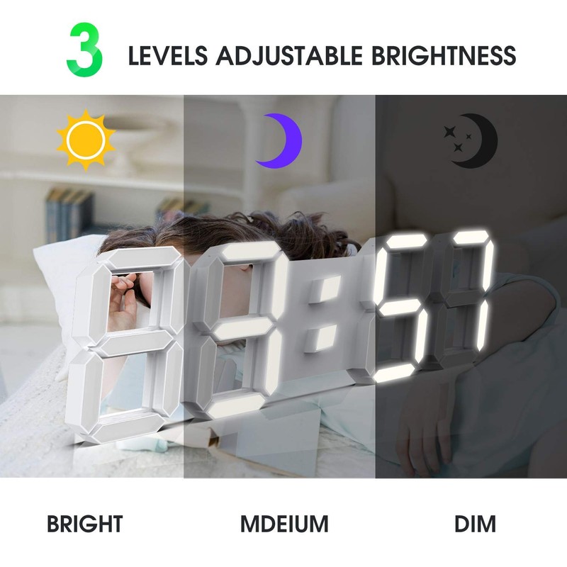 EPSKY 3D White Digital Wall Clock LED Large Alarm Clock