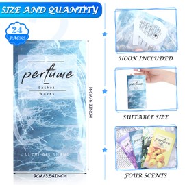 24 Pcs Large Hanging Closet Deodorizer Air Freshener Scented Sachets for Drawers and Closets Long Lasting Lavender Sachet Bags Drawer Freshener for Clothes (Lavender, Jasmine, Waves, Tulip)