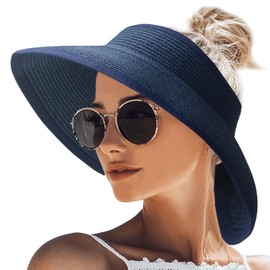 JYxingchi Sun Visor Hats for Women Straw Roll Up Foldable Beach Hat Summer One Size Ponytail Hat PureBlue