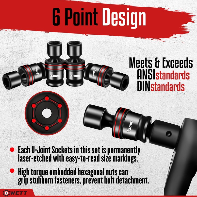 WETT 18-Piece 1/2" Drive Shallow Impact Universal Joint Socket Set,