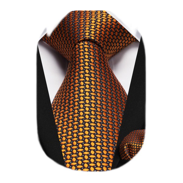 HISDERN Men's Tie Set Orange Ties and Pocket Square Polka