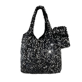 ANNUOZE Womens Sequin Tote Bag, Sparkly Shoulder Bag, Elegant Silver Handbag, Soft Glitter Bag, Large Capacity Shopping Bag Matching Coin Purse