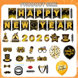 New Years Eve Party Supplies 2026, Happy New Year 2026 Decorations Set with Balloons, Banner, Garland & Photo Props,Sparkling 2026 New Years Decorations for Home, Office & Party, NYE Decorations 2026