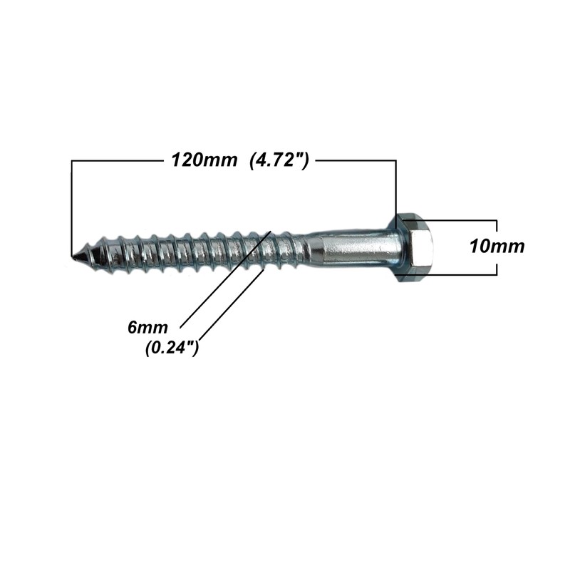 M6 Coach Screws Hex Head Width 10mm Zinc Plated Steel